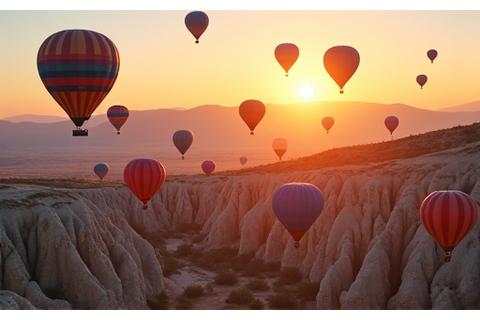 Hot air balloons floating over Cappadocia, Turkey, at sunrise.